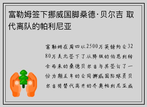 富勒姆签下挪威国脚桑德·贝尔吉 取代离队的帕利尼亚